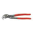 メーカー名：KNIPEX(クニペックス)品番：8741-250商品名：マルチプルスリップジョイントスパナ (台紙付き)●ヘッド仕上げ：グレー防錆コート・磨き●ハンドル仕様：プラスチックコーティング（滑り防止仕上げ）●つかみ面：フラット●調整段数：15●ナットつかみ能力(mm)：10-32●ナットつかみ能力(inch)：3/8-1.1/4●全長(mm)：250●質量(g)：328●ミリ・インチサイズを問わず、ボルト・ナットを遊びやガタなくつかみますので、ボルトナットの角を傷めません。●特殊なヘッドアクションによりラチェットハンドルのように操作でき、ナットの締め緩めを素早く行うことができます。●ロックナットの締め・緩め作業にも使用できます。●角が丸くなったり、錆びついたり、固着したボルトやナット、塗料が厚く塗られ規定外のサイズになったものも、3面でとらえるヘッドデザインによりしっかりつかむことができます。●ジョイント部は横方向へのブレを防止する3枚合わせ（ボックスジョイント）。●口幅を最大に調節して握っても、ハンドルの間にクリアランスを確保する指詰めストッパー付き。●プッシュボタンを押すだけで片手で簡単にサイズを調節できます。●鍛造により大変頑丈です。●材質はオイル焼き入れ焼き戻し処理済のクロムバナジウム鋼。