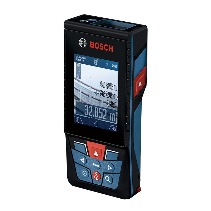 メーカー名：BOSCH（ボッシュ）品番：GLM150C商品名：データ転送レーザー距離計（スマキョリ） 青●光源：レーザーダイオード●波長(nm)：635●出力(mW)：1以下(クラス2)●距離測定(m)：0.08〜150●ピタゴラス測定の傾斜(°)：0〜360●傾斜測定(°)：0〜360●距離最小測定単位(mm)：0.5●傾斜最小測定単位(°)：0.1●距離測定精度(mm)：±1.5●傾斜測定精度(°)：±0.2●使用温度範囲(℃)：-10〜+45●保管温度範囲(℃)：-20〜+70●電源：単3アルカリ乾電池×3本●自動スイッチオフ：約2分、5分、10分、なし(選択可能)●質量(g)：210(乾電池含)●防塵・防水性能：IP54(電池収納部は除く)●三脚用ねじ穴(インチ)：1/4(6.35mm)●サイズ(mm)：（H)142×（W)64×（D)28●最大測定距離150m。●大きく見やすいカラー液晶画面を採用。●ドラゴントレイルガラスを採用したことで耐久性も抜群です。●操作ヘルプ画面付きで正確な手順をアドバイス。●直感操作が可能な測定モード選択画面。もちろん日本語表示も可能。●専用の無償アプリを使用することで、測定結果をスマートフォンやタブレットPCに転送することができます。●8倍ズーム(4段階）で測定するポイントを正確に位置決めすることができます。●付属品：ストラップ、キャリングバッグ、単3アルカリ乾電池×3本（テスト用）