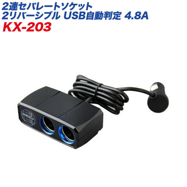 シガーソケットUSBポート2連セパレートソケット2リバーシブルUSB自動判定4.8Aブラック車/カシムラKX-203