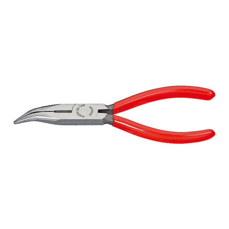 メーカー名：KNIPEX(クニペックス)品番：2521-160商品名：先曲ラジオペンチ (台紙付き)●ヘッド仕上げ：黒防錆コート・研磨●ハンドル仕様：プラスチックコーティング●刃材質：バナジウム鋼(多段階油焼き入れ)●スタイル：半丸口●つかみ面：横すじ入り●切断面：傘状●切断能力（中硬線；φmm)：2.5●切断能力（硬線；φmm)：1.6●口先の長さ(L3；mm)：50●ジョイント部の厚さ(T1；mm)：9.0●ジョイント部の幅(W3；mm)：16.5●口先先端の幅(W4；mm)：3.0●口先先端の厚さ(T2；mm)：2.5●口先(曲がり)の長さ(L4；mm)：23.0●口先部角度(°)：40●全長(mm)：160●質量(g)：112●精密な電子部品をつかんだり、切断するのに最適です。●ヘッドは頑丈で、しかも精密に作られています。●入念な焼入れ処理が施されたカッター部の硬度は約HRC61。●40°先曲りタイプ。●先が尖った半円状のアゴ。●掴み面に歯形が付けられています。●中硬線および硬線用の切刃付き。