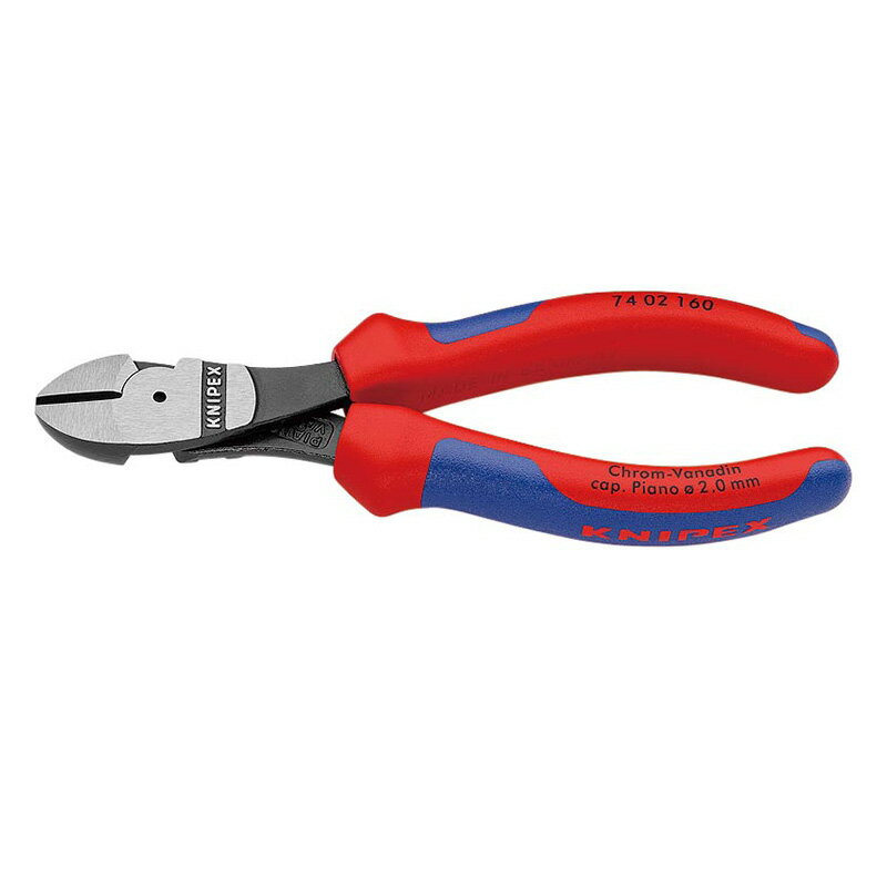 メーカー名：KNIPEX(クニペックス)品番：7402-160商品名：強力型斜ニッパー (台紙付き)●ヘッド仕上げ：黒防錆コート・研磨●ハンドル仕様：コンフォート●刃材質：クロムバナジウム高性能鋼(多段階油焼き入れ)●切断面：傘状(斜め刃）●切断能力（中硬線；φmm)：3.4●切断能力(硬線；φmm)：2.5●切断能力(ピアノ線；φmm)：2.0●全長(mm)：160●質量(g)：209●ジョイントは鍛造軸カシメを採用し耐久性に優れています。●ピアノ線を含む様々なワイヤーの切断に適しています。●最適な刃の位置と角度・てこの原理を最大限発揮するデザイン・人間工学に基づいたハンドル形状-この3つの利点により、少ない力で高い切断能力を発揮します。●高周波焼き入れを施した精密な刃、（刃の硬度約60HRC）バネ鋼線を含む全ての種類のワイヤーに使用できます。●鍛造により大変頑丈です。●ハンドルは複数の材質で作られたプラスチックカバー付き。※コンフォートハンドル（本品）は絶縁ではありません。