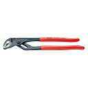 メーカー名：KNIPEX(クニペックス)品番：8901-250商品名：ウォーターポンププライヤー (台紙付き)●ヘッド仕上げ：黒防錆コート・磨き●ハンドル仕様：プラスチックコーティング●パイプ直径(inch)：φ1.5/16●パイプつかみ能力(φmm)：34●ナットつかみ能力(mm)：36●全長(mm)：250●質量(g)：340●フライス加工された回転盤により、5つの箇所に軽くスムーズにかみ合います。●パイプやナットにセルフロックするので、ワークから滑り落ちることがなく、力を入れずに作業できます。●ジョイントの滑りがありません。●ネジおよびナットにぴったりと適合するアゴ形状。●ジョイントの構造によってネジに負荷をかけないため、ネジが磨耗しません。●挟み込み防止により、指が挟まれるのを防ぎます。●掴み面には特殊焼き入れされた刃がつけられています。●刃の硬度は約61HRCで、耐摩耗性が高ので、確実に掴むことができます。●材質はクロムバナジウム電炉鋼、鍛造、多段階油焼き入れ。