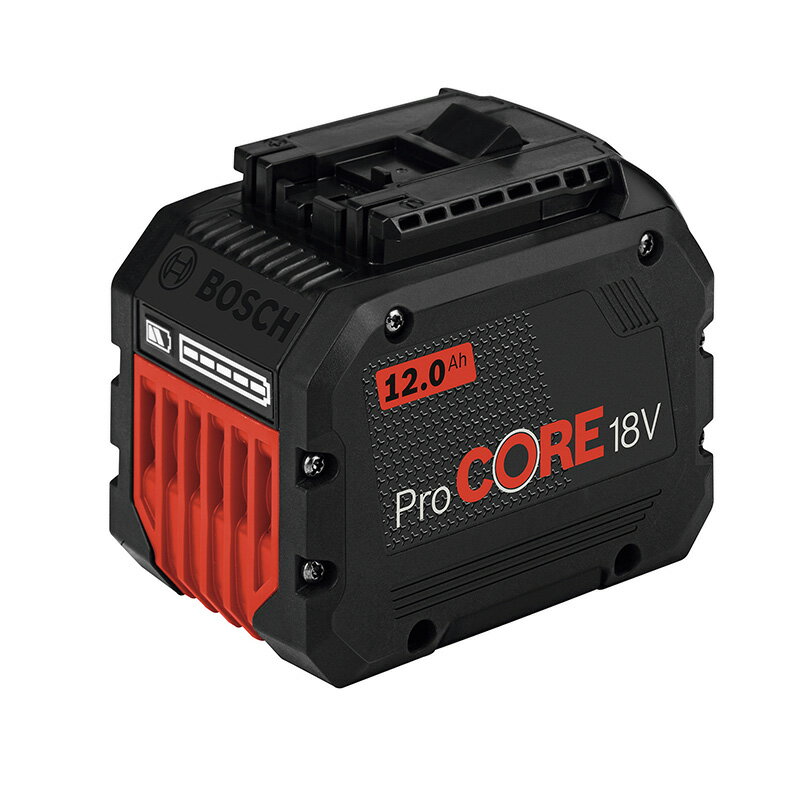 メーカー名：BOSCH（ボッシュ）品番：ProCORE18V12商品名：18V12Ahバッテリー●定格電圧：18V●容量：12Ah●サイズ(mm)：(W)117×(D)77×(H)94●次世代型高出力バッテリー。●従来型よりも長く使える高容量12.0Ah。●充電残量計付きで、充電状態の確認が簡単。●ボッシュ独自の「Coolpack」デザインにより、作業中のバッテリー温度上昇を抑制。電池の長寿命化と再充電時の冷却待ち時間を短縮。