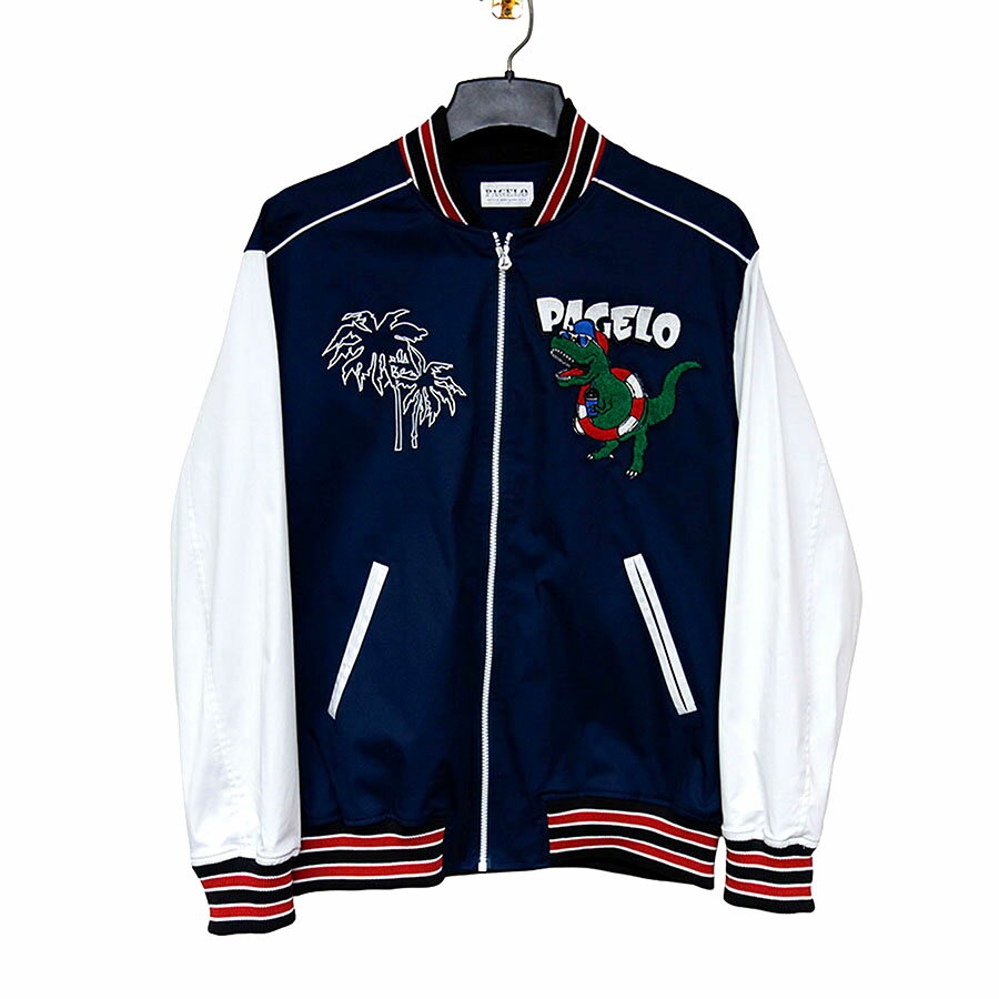 PAGELO パジェロ メンズ ブルゾン スカジャン風 恐竜刺繍 ジップアップ ネイビー×ホワイト LLサイズ 20..