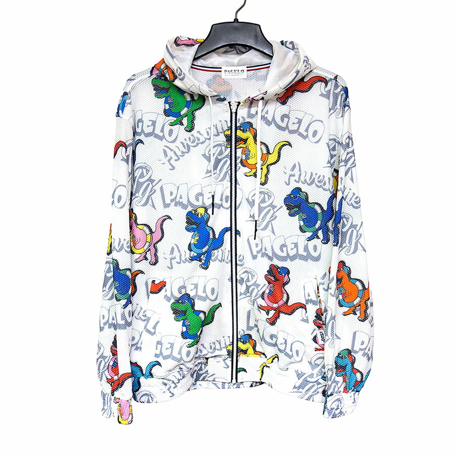 PAGELO パジェロ メンズ ジップパーカー 恐竜プリント メッシュ素材 軽量 アウター Lサイズ ホワイト系..