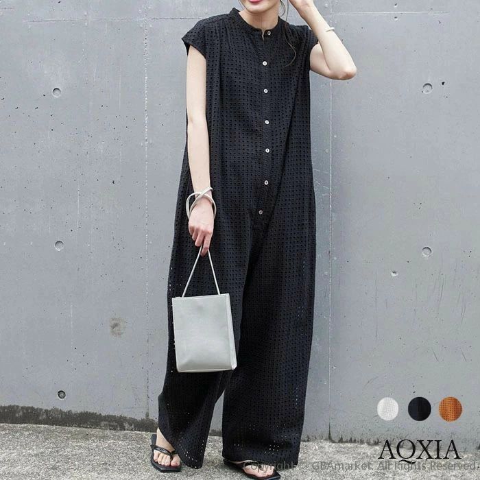 透かし編み オールインワン サロペット レディース 着痩せ ゆったり レース コットン 綿 半袖 カジュアル 上品 モード フロントボタン 羽織り ジャンプスーツ サロペ フォーマル 二次会 パーティー 大人 お洒落 30代40代50代 春夏