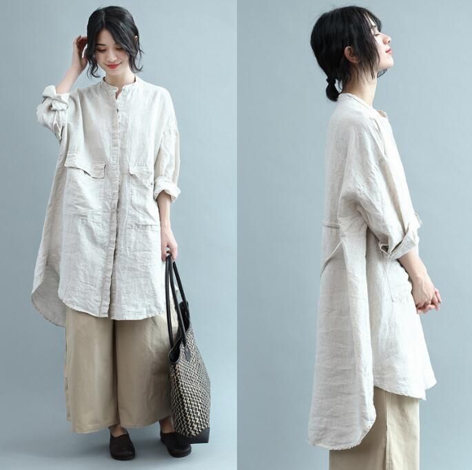 ロングシャツ 綿麻風シャツ レディース リネンシャツ　トップス リネンチュニック シャツワンピース 大..