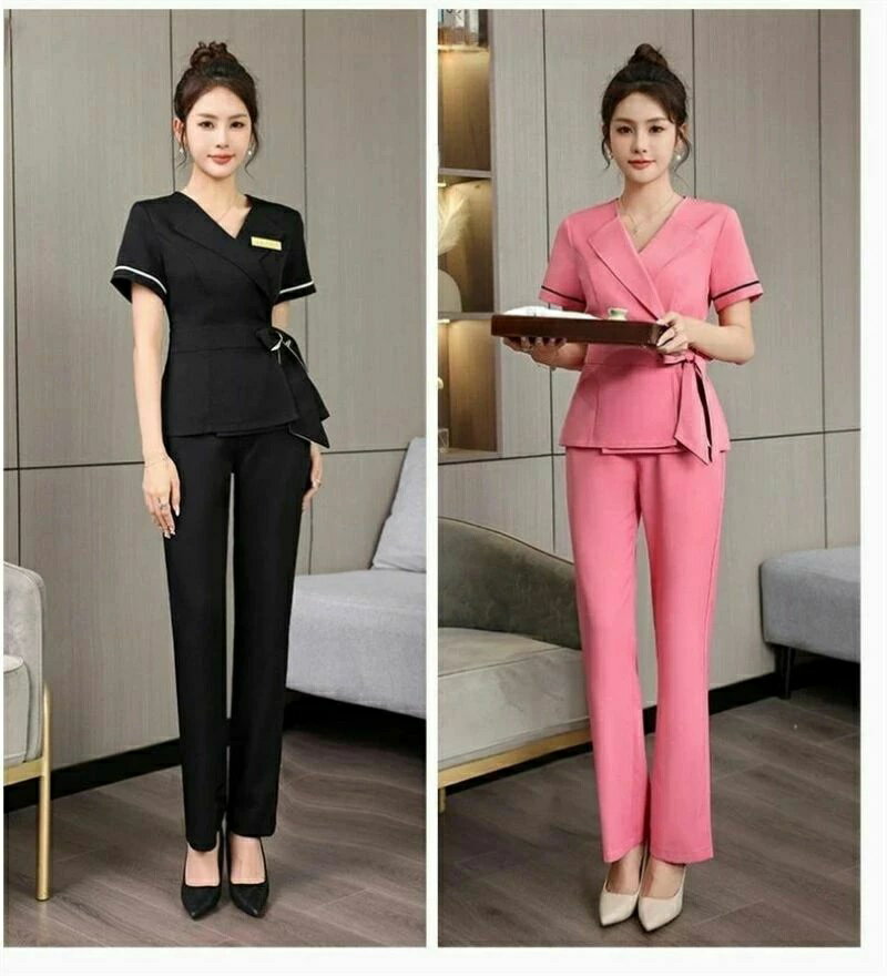 美容師作業服セット女性養生館医美SPA会所工装足湯足治療技師服エステ ユニフォーム サロン クリニック 制服 レディース スパ パンツ スーツ ブラック ピンク ネイビー
