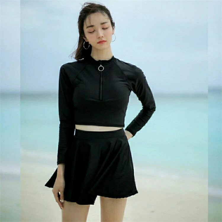水着 レディース 長袖 ラッシュガード 2点セット 大人 フィットネス 体型カバー セパレート水着 スカート水着 おしゃれ 黒 無地 みずぎパッド付きトップス ボトムス 日焼け対策 紫外線対策 水着 フレアスカート水着 温泉 スイミング 海水浴 水遊び
