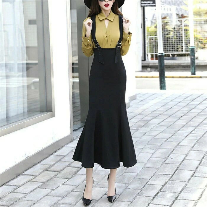 大好評♪ シワになりにくい！ジャンパースカート サロペット ジャンスカ キャミワンピース レディース ワンピース マーメイドスカート オールインワン 重ね着 可愛い ストレッチ おしゃれ きれいめ 細見え 黒 ブラック 春 秋