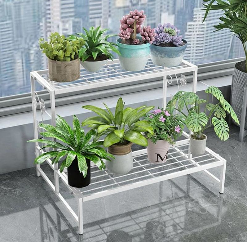 フラワーラック フラワースタンド 2段 幅（80cm）奥行き（44cm）高さ（44cm） 金属製 多肉植物 棚 花台 園芸ラック ガーデン 植物小屋 植木鉢スタンド 鉢植え 盆栽棚 園芸 花棚 ベランダ/屋外/屋内 カントリー ベランダ 大容量 組み立て式 フレンチ 北欧(4)