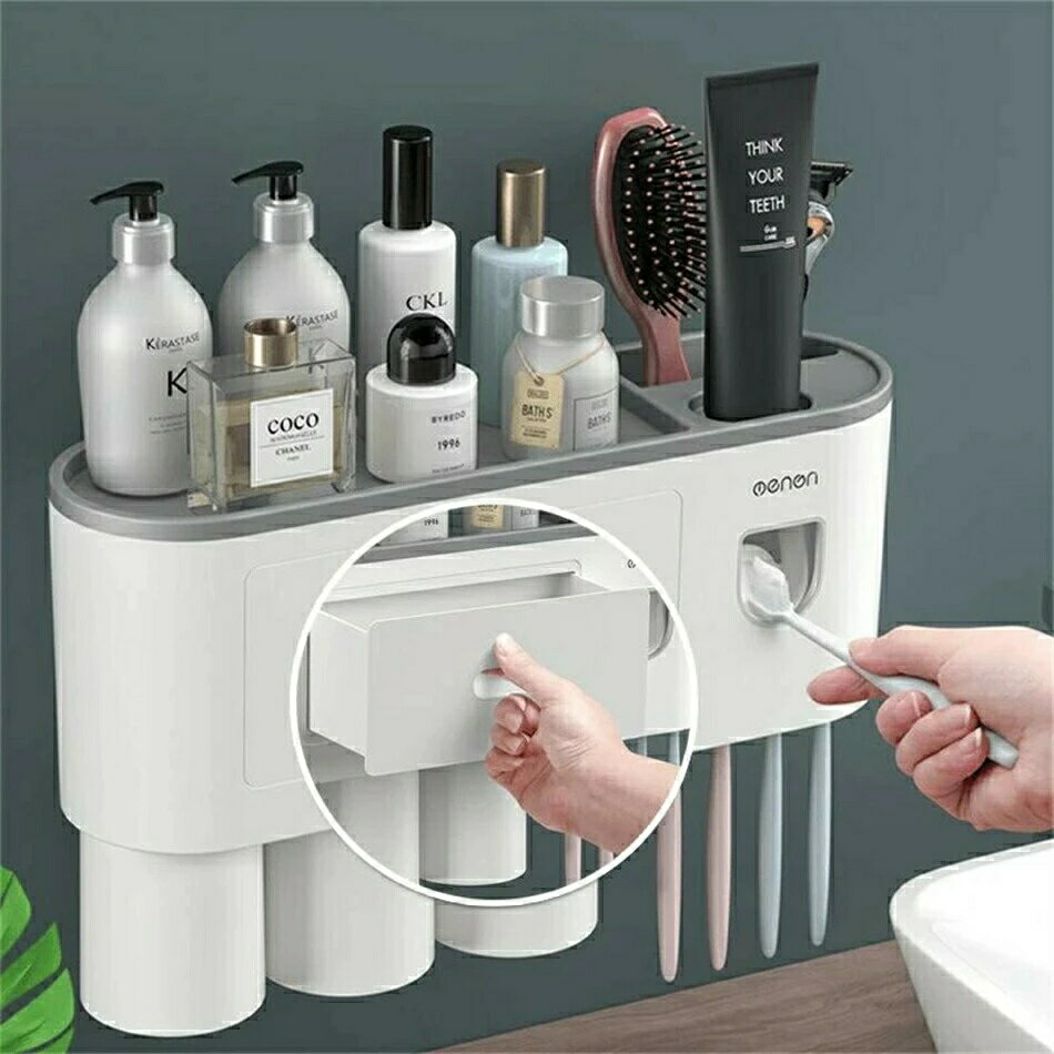 歯磨き粉ディスペンサー 歯磨きブラシ コップ ホルダー 洗面台 収納ケース 工事不要 壁掛け式 省スペー..