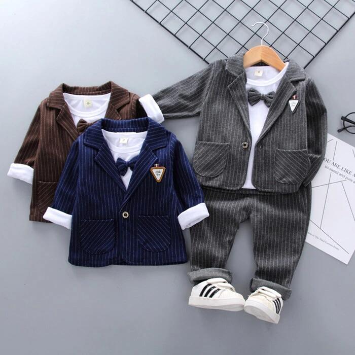 お宮参り 初節句 スーツキッズ 男の子 ベビー 子供スーツ [ジャケット、ズボン、Tシャツ] 3点セット ストライプ 上下セット 子供(4.0)