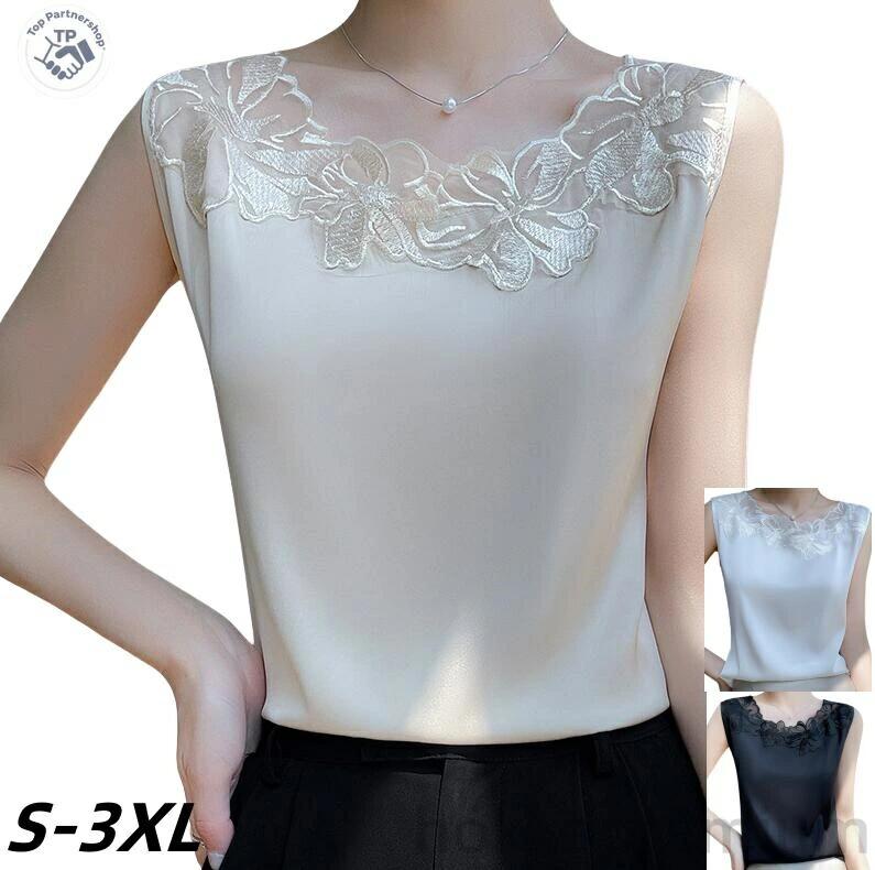 【送料無料】【2025夏新作】レースクルーネック タンクトップ プラスサイズ スーツインナー＆アウター対応 無袖トップス シンプルデザイン 刺繍レース 光沢素材 オフィスシック スーツインナー 重ね着 夏用 吸汗速乾 プラスサイズ 大人女性向け 30代・40代 涼感