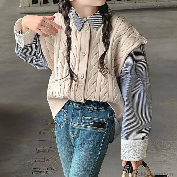 【送料無料】小学生 キッズ 女の子 ニットベスト カジュアルシャツ 2点セット 春秋 長袖 トップス 通学..