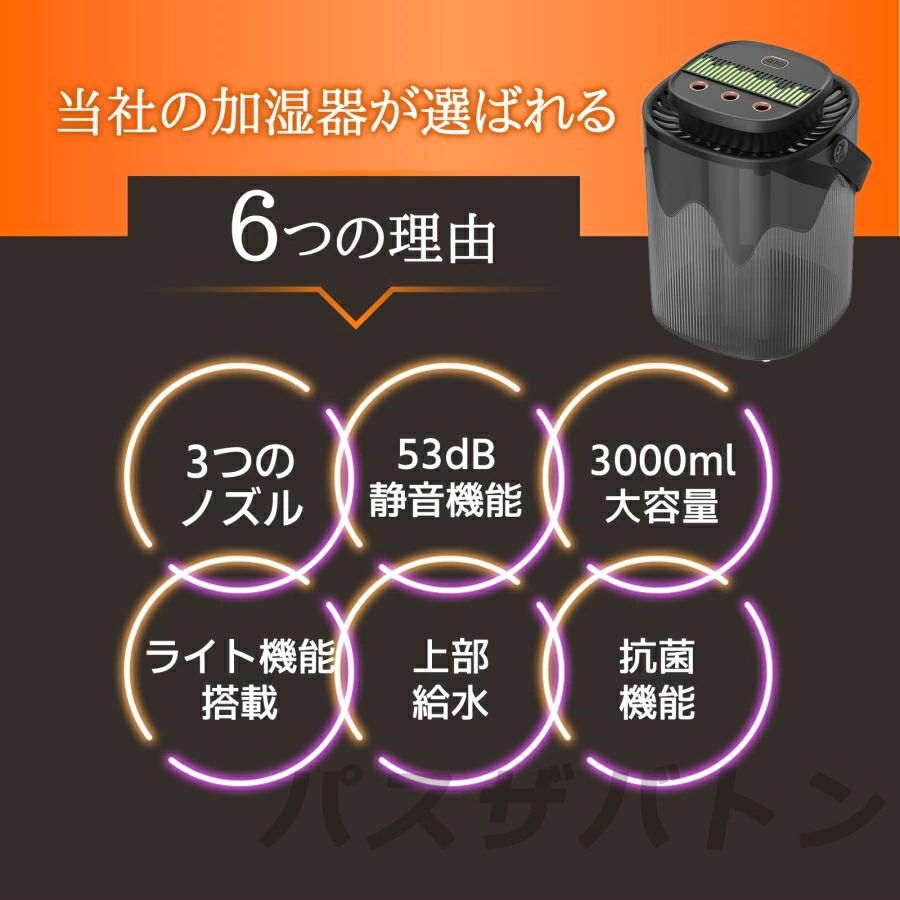 加湿器 小型 超音波式 大容量 3L 卓上加湿器 空気加湿機 usb充電式 アロマディフューザー 3段階の調節 省エネ 節電 空焚き防止