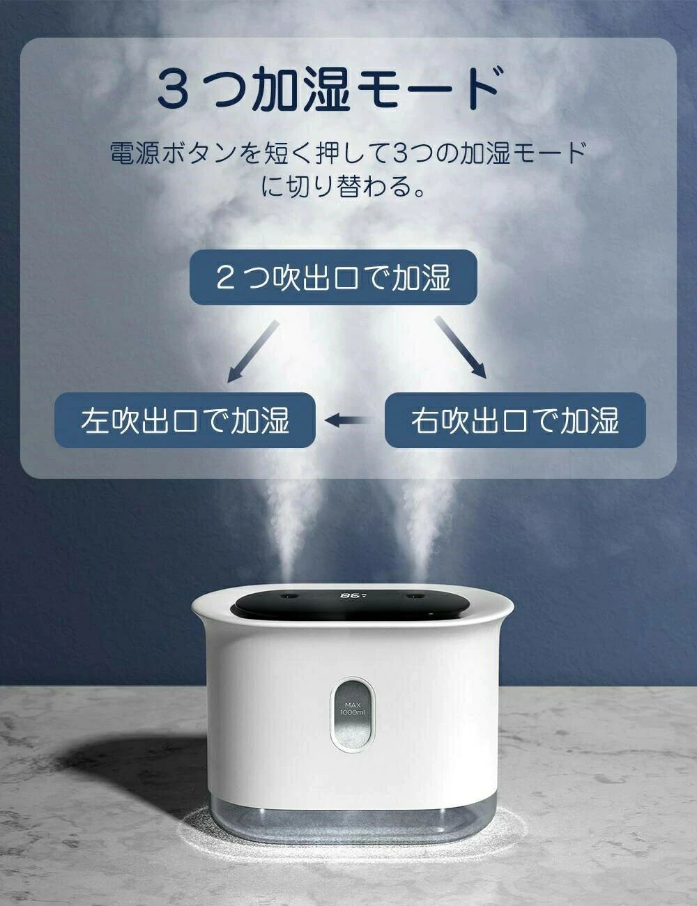 【2024新モデル】加湿器 卓上 スチーム 上部給水 加湿器 おしゃれ 超音波式 コードレス 6畳 8畳 10畳 上から給水 ダブルノズル スチーム加湿器 ライト付き LCD電池残量表示 自動停止 空焚き防止 大容量 オフィス 静音 省エネ