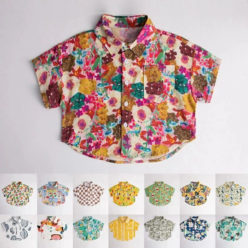 Short Sleeves - 子供服 キッズ 花柄シャツ アロハシャツ 胸ポケット ビーチ 海 旅行 夏 サマー 女の子 子ども