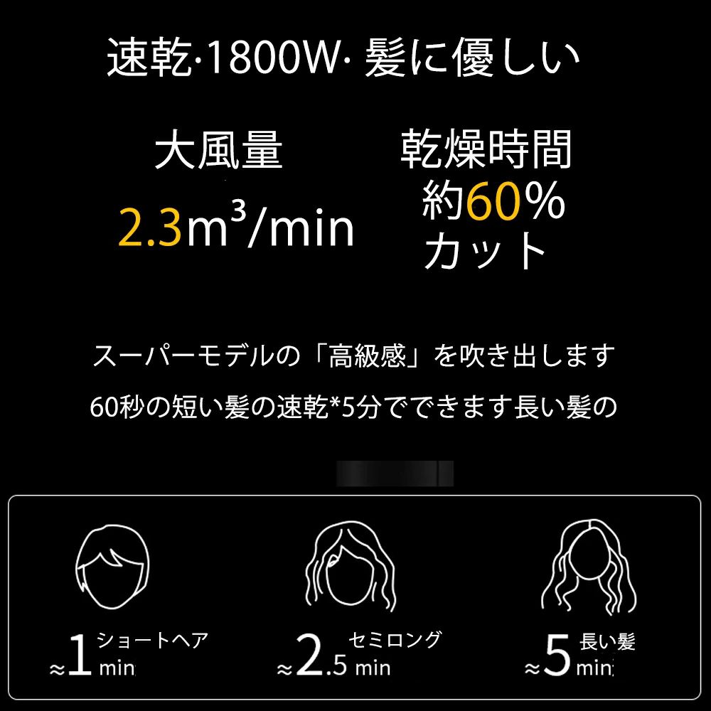 大 高機能 2段階風速 1800W 静音 軽量 高級 マイナスイオン 大風量 冷熱風 速乾 ヘアドライヤー
