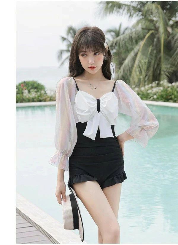 シンプ 着?せ 服みたいな ワンピース水着 オールインワン パッド付 ワイヤーなし 透け感あり 長袖 ビッグリボン レディース