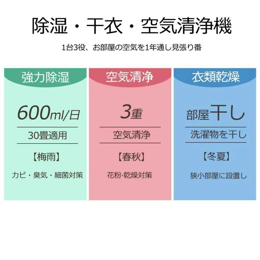 マ 静音 電気代 コンパクト 部屋干し 結露防止 梅雨対策 強力除湿 小型 1台3役 空気清浄機 衣類乾燥 パワフル除湿 除湿機