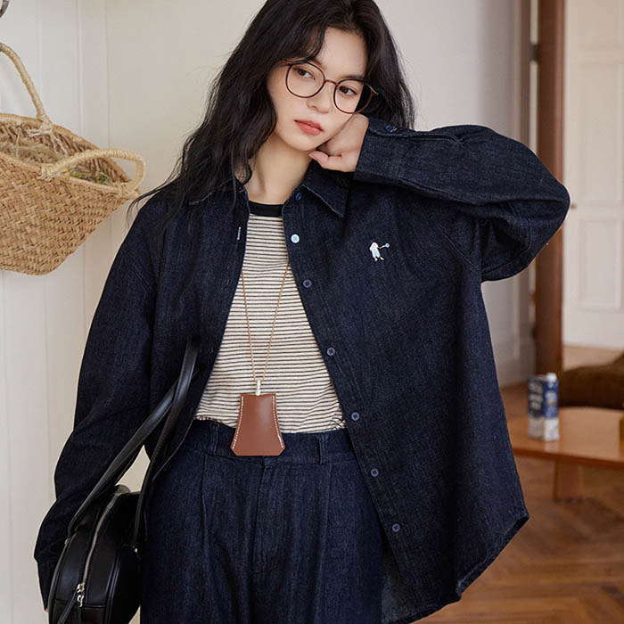お シンプル 着回し フェミニン デニム 刺? 羽織り 長袖 トップス 秋 春 長袖 シャツ デニム レディー..