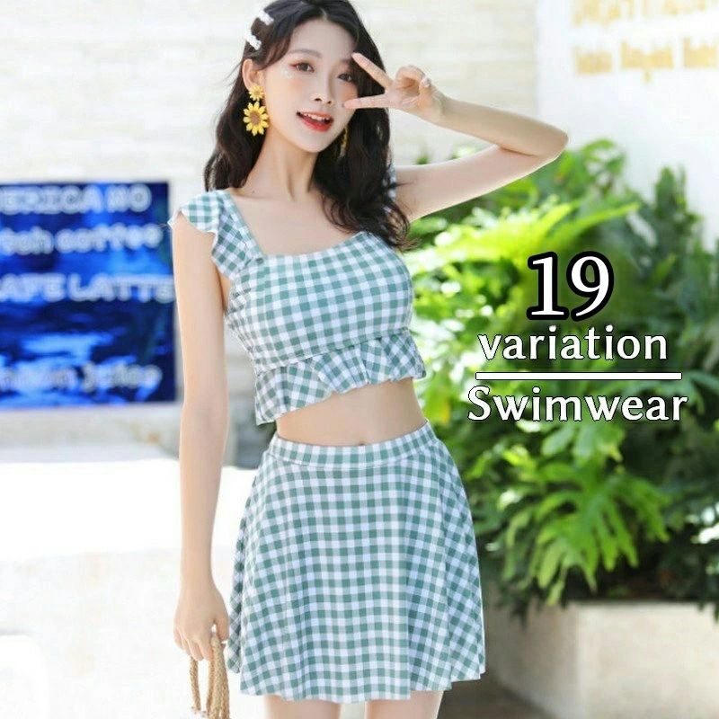 スイムウエア ミニスカート ノースリーブ フリル チェック柄 セパレート 上下セット タンキニ 可愛い レディース 水着