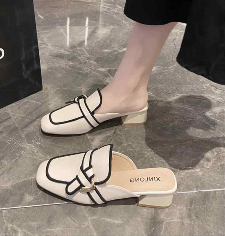 モノクロ バイカラー ローファー風 かっこいい ローヒール スリッポン シューズ 春夏 黒 白 ベルト付