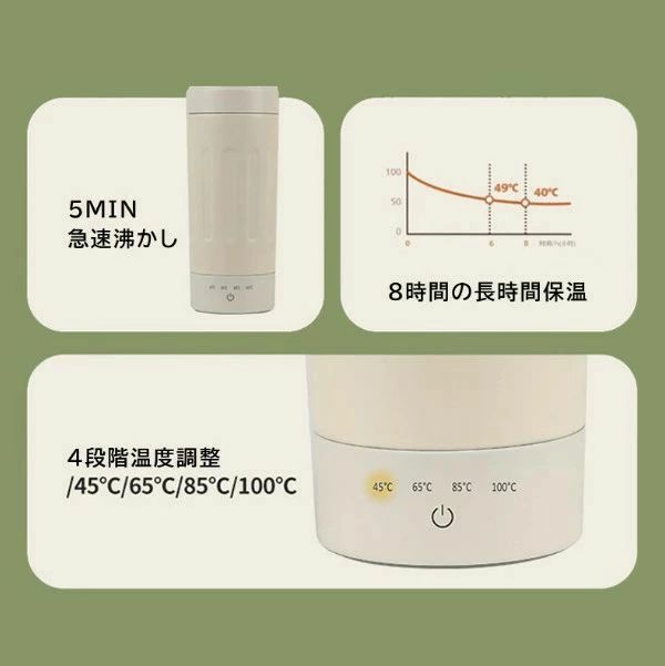 ポータブル 4段階調整 保温 ポータブル 水筒 電気ケトル 電気ポット 小型 軽量 ミ...