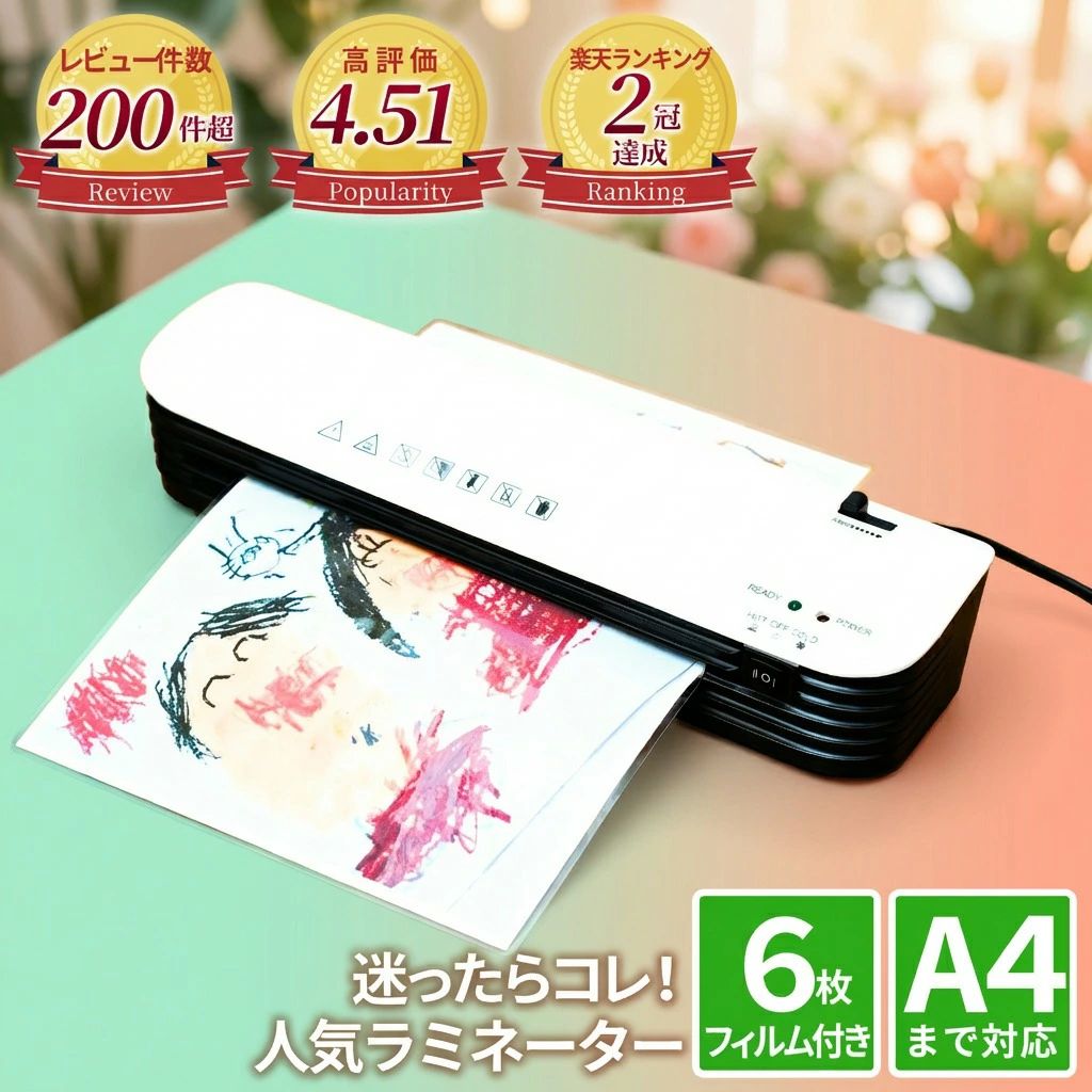 ＼楽天2冠受賞／ ラミネーター A4 対応 ＼フィルム6枚付き！／ 【最強配送対応で最短翌日到着！】 小型 家庭 用 名刺からA4サイズまで対応可能 名刺 機械 ラミネート B5 はがき 120μm 【1年保証付き】