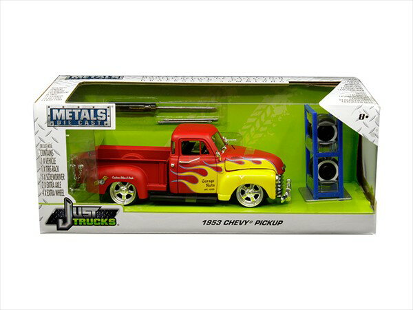 ミニカー 1/24 JadaTOYS☆1953 シェビー ピックアップトラック 赤/黄色フレア ホワイトレタータイヤとタイヤスタンド付（交換工具付） 【予約商品】