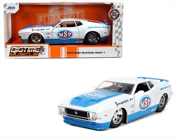 ミニカー　1/24　JadaTOYS☆1973　フォード・マスタング・マッハ1　白/水色　1973 Ford Mustang Mach 1 (White with blue) Mike’s Performance Shop 【予約商品】