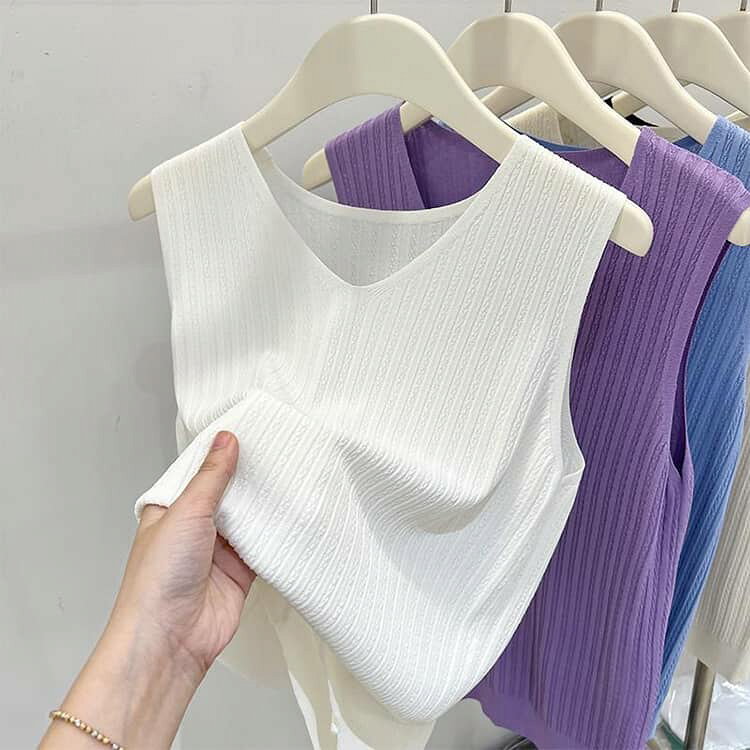 サマー 涼しい ニットトップス タンクトップ ノースリーブ レディース ニットトップス プルオーバー Vネック 薄手 Tシャツ 春 夏 アイスシルク かわいい トップス 30代 ニット 20代 インナー tシャツ シンプル 無地 houbian-10019808 ATiC サンプル画像2