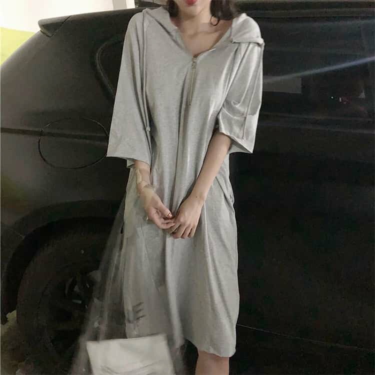 韓国ファッション レディース Tシャツワンピース 新作 ジップアップ ロングワンピース ミモレ丈 Tシャツワンピース カジュアル 七分袖 ゆったり 体型カバー 着痩せ フード付き パーカーワンピース パーカー シンプル 無地 おしゃれ houbian-10019746 ATiC サンプル画像2