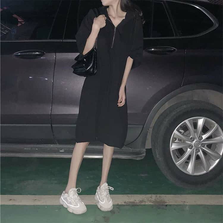 韓国ファッション レディース Tシャツワンピース 新作 ジップアップ ロングワンピース ミモレ丈 Tシャツワンピース カジュアル 七分袖 ゆったり 体型カバー 着痩せ フード付き パーカーワンピース パーカー シンプル 無地 おしゃれ houbian-10019746 ATiC サンプル画像3