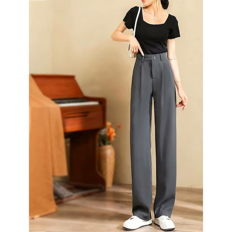 美脚 パンツ ワイドパンツ ボトムス レディース スラックス ボタンストラップ 落ち感 きれいめ ストレートパンツ ズボン 大きいサイズ おしゃれ 春秋 ウエストゴム スラックスパンツ 黒 オフィス ストレートパンツ 3