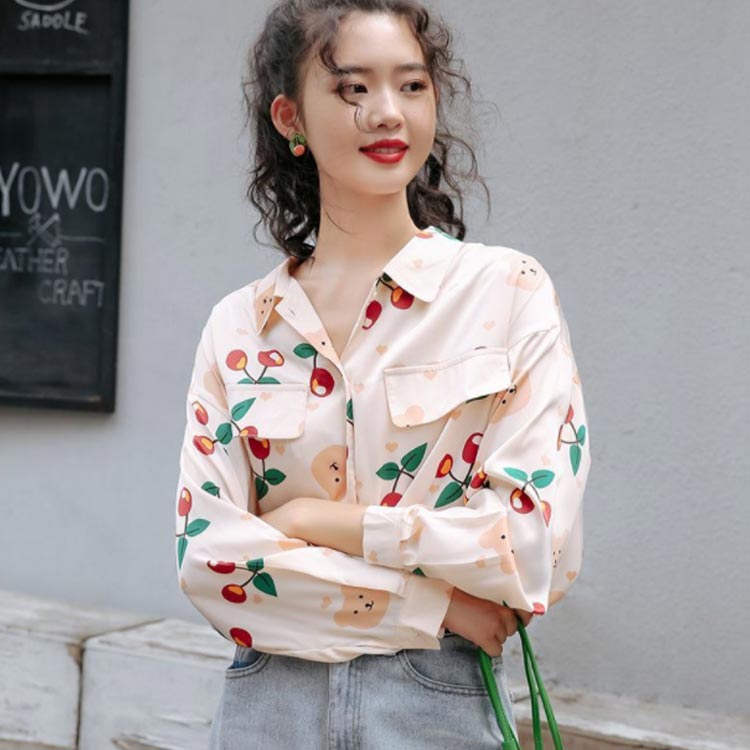 柄シャツ ブラウス 韓国 レディース 長袖 シャツ ゆったり おしゃれ さくらんぼ ク...