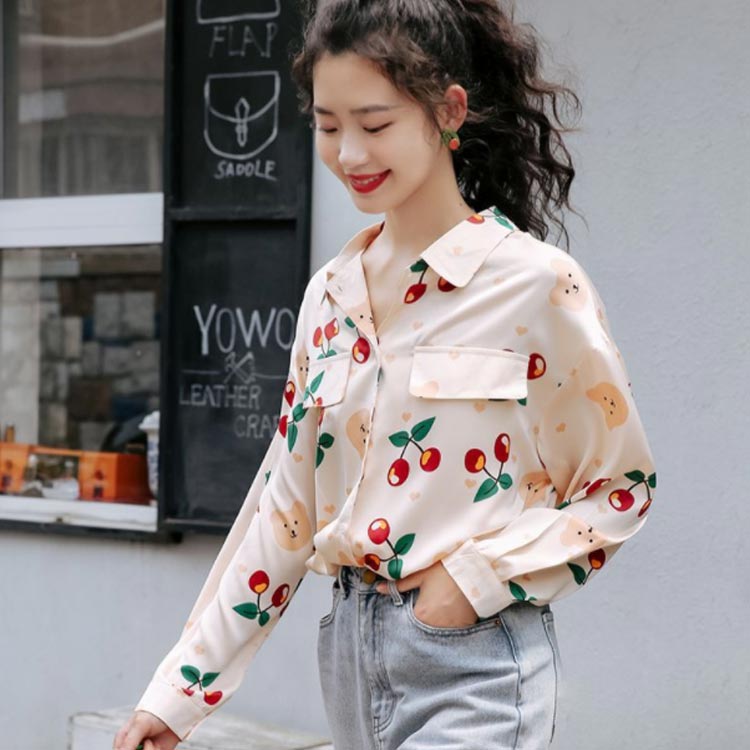 柄シャツ ブラウス 韓国 レディース 長袖 シャツ ゆったり おしゃれ さくらんぼ ク...