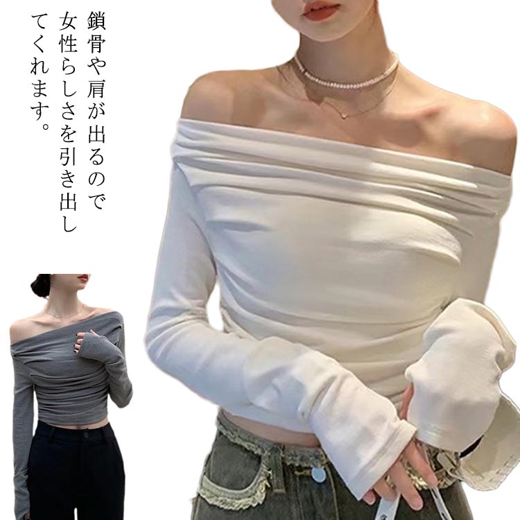 樂天商城 - Tシャツ 鎖骨 ギャザー 着回し 長袖 トップス ワンショルダー オフショルダー カットソー コルテ レディース 肩出し 無地 大人 シンプル カジュアル きれいめ おしゃれ トレンド かわいい 肩出し 韓国 ファッション
