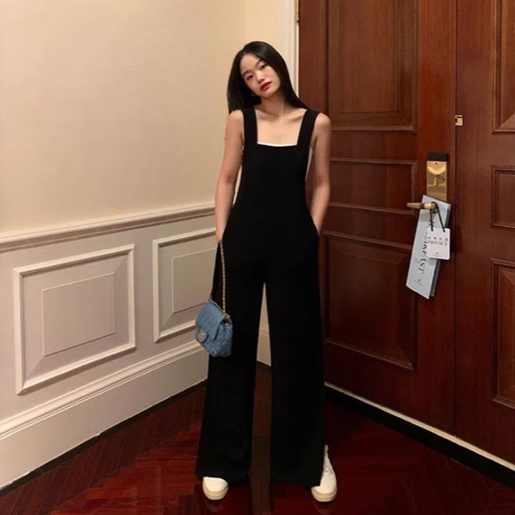 スリット サロペット オールインワン レデイース ストレート オーバオール ワイドパンツ ゆったり 体型カバー おしゃれ カジュアル ブラック オールシーズン 着痩せ 無地 30代 ボトムス シンプル 通勤 20代 黒 40代 美脚