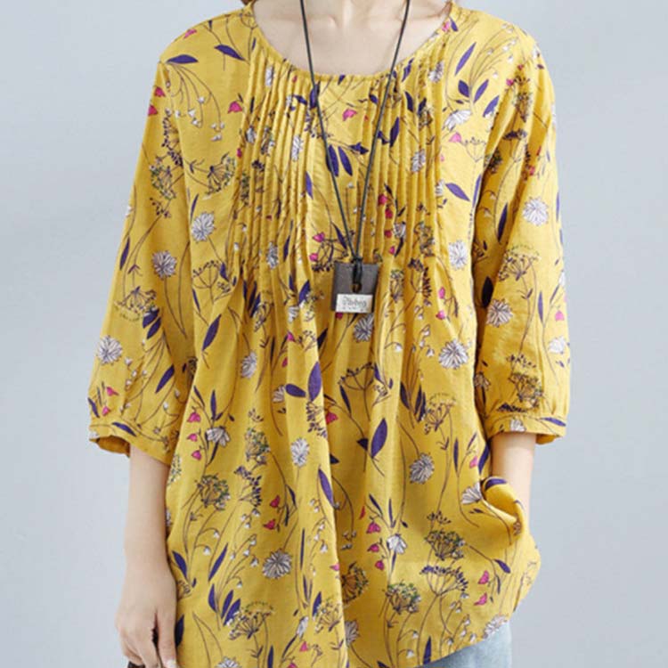 ブラウス 花柄 送料無料 カジュアル ゆったり 7分袖 トップス ゆったり シャツ 丸首 リネン カットソー 体型カバー 夏 レディース プルオーバー 大きいサイズ フレア裾 プルオーバー チュニック 20代 30代 春