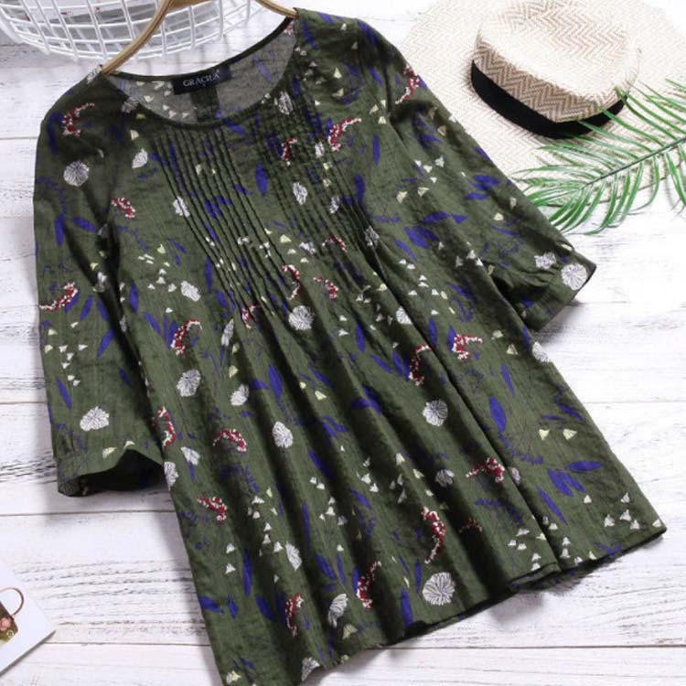 ブラウス 花柄 送料無料 カジュアル ゆったり 7分袖 トップス ゆったり シャツ 丸首 リネン カットソー 体型カバー 夏 レディース プルオーバー 大きいサイズ フレア裾 プルオーバー チュニック 20代 30代 春