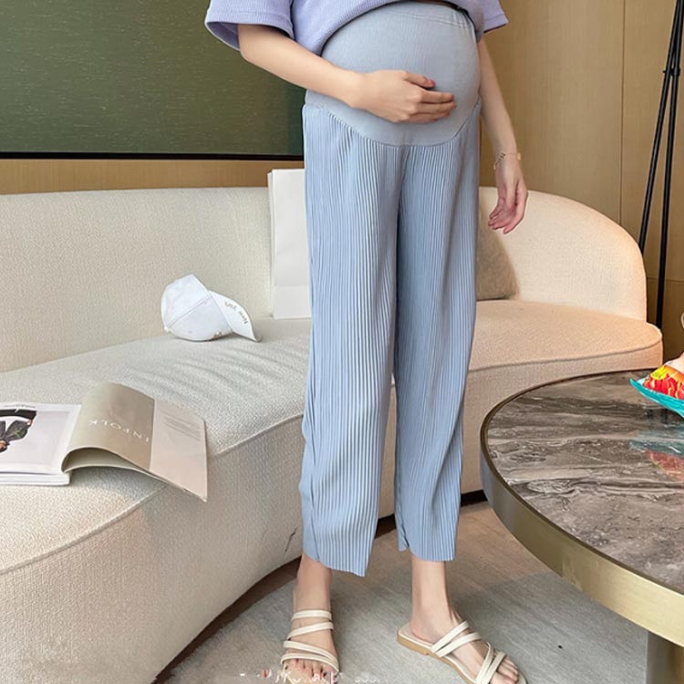 マタニティ パンツ 9分丈 プリーツ加工 マタニティウェア アジャスター付き 薄手 春夏 美脚 ジョガーパンツ ハイウェスト 送料無料 ルームウェア 部屋着 2