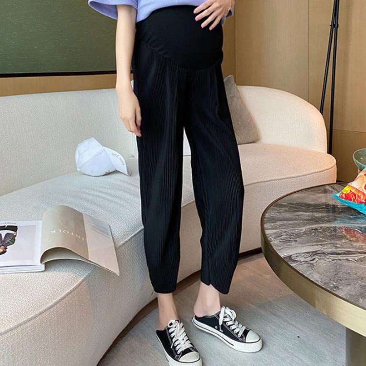 マタニティ パンツ 9分丈 プリーツ加工 マタニティウェア アジャスター付き 薄手 春夏 美脚 ジョガーパンツ ハイウェスト 送料無料 ルームウェア 部屋着 3