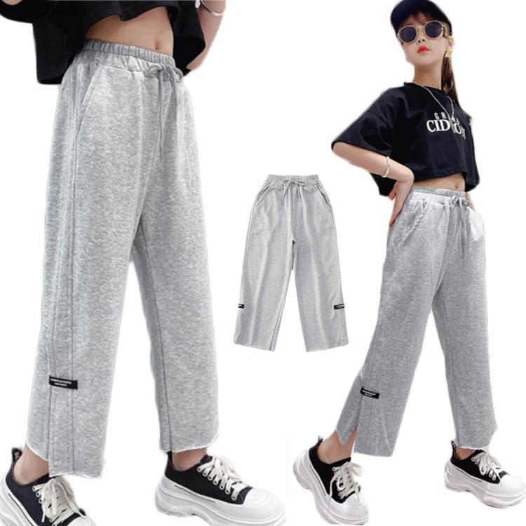 短裤 - キッズ パンツ 夏 ワイドパンツ 夏 九分丈 ガールズ ロングパンツ ジュニア 長ズボン スリット付き 薄手 ゆったり ボトムス 送料無料 無地 子供服 ウエスト紐 シンプル カジュアル