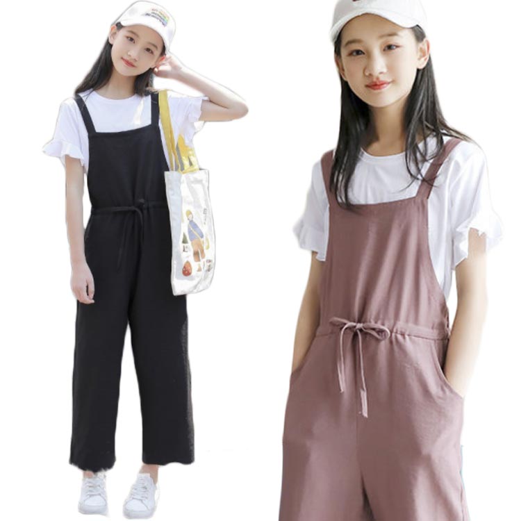 キッズ サロペットパンツ 薄手 夏服 二点セット 女の子 夏 半袖 Tシャツ トップス オーバーオール 送料無料 子供服 ウエスト紐 シンプル 無地 カジュアル ジュニア