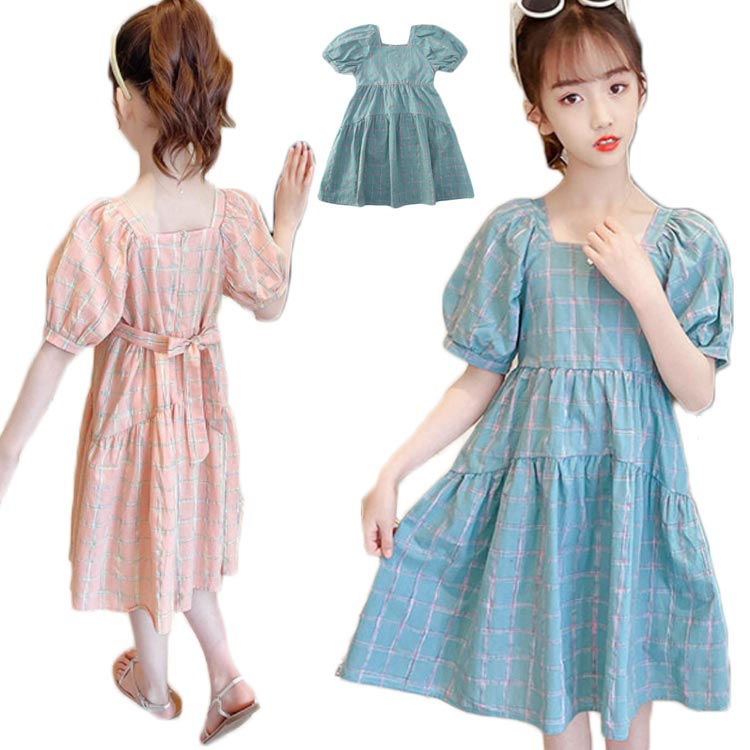 樂天商城 - 送料無料 ワンピース 子供服 チェック柄ワンピース キッズ 夏服 リボン付き 半袖 コットン ハイウエスト フレア 子供服 ガルーズ おしゃれ かわいい シンプル おでかけ服