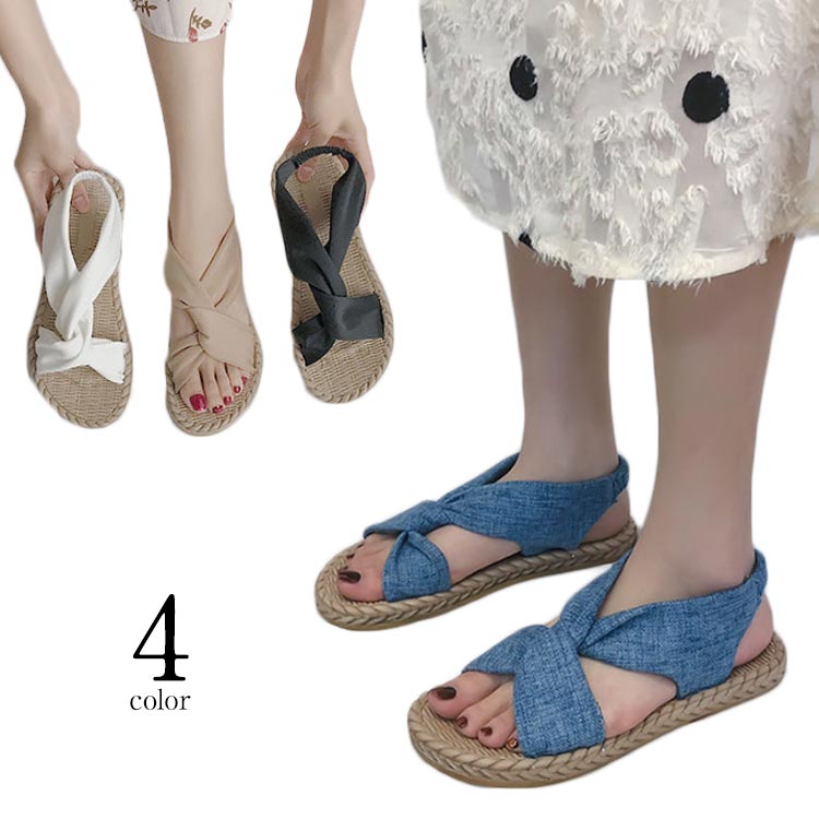 レディース サンダル 夏 ぺたんこ クロスベルト 送料無料 綿麻 ベルトサンダル　ストラップサンダル サンダル 可愛い靴 シューズ ビーチサンダル 滑り止め 歩きやすい ローヒール 美脚靴 おでかけ 韓国 学生 セクシー