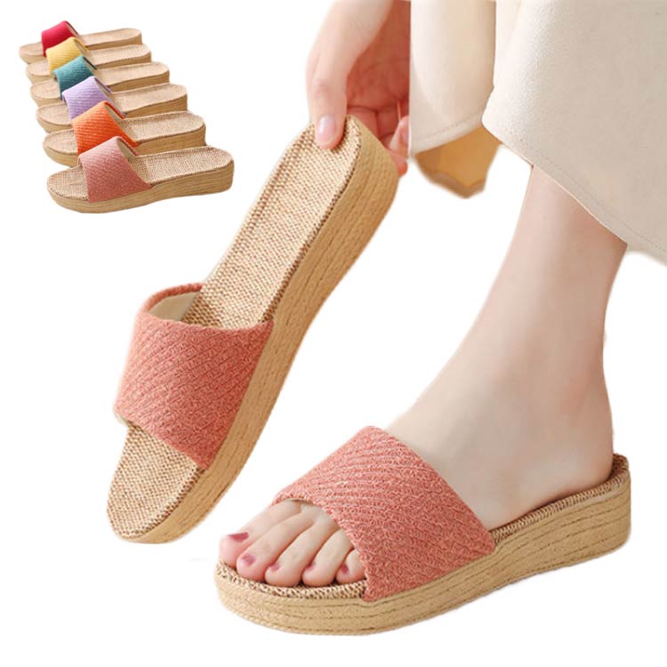 レディース リネンスリッパ 夏 厚底 ルーム靴 ロヒール ルームシューズ 快適 室内履き おしゃれ 軽量 ..