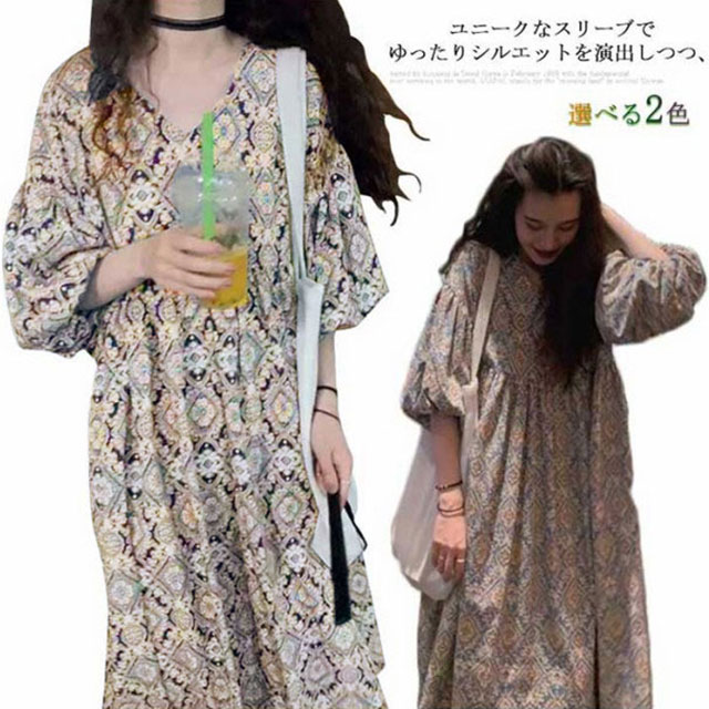 送料無料 レトロワンピース サマーワンピース 花柄 Vネック 半袖 ワンピース 韓国ファッショ ゆったり 快適 透け感なし フェミニン ワンピース